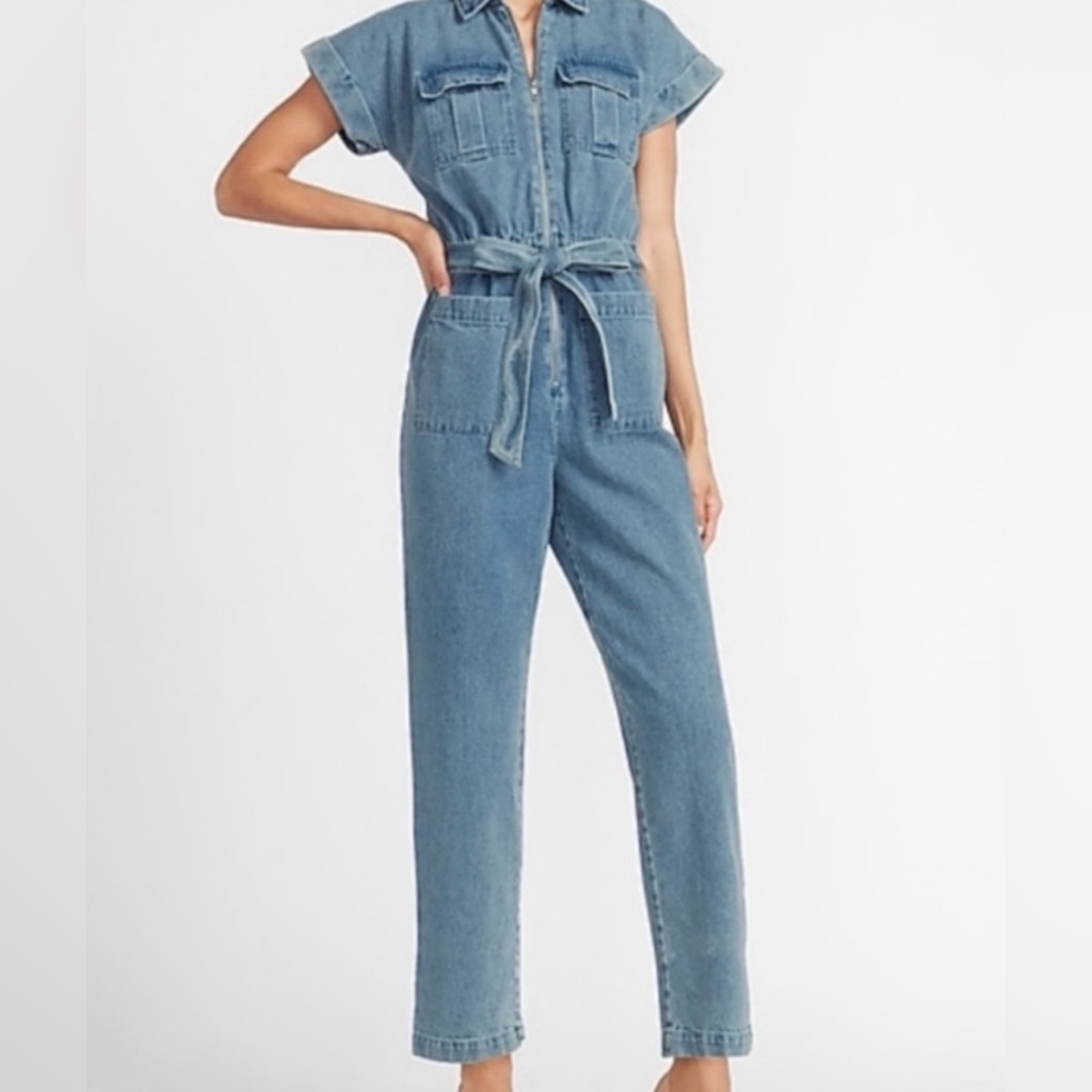 Express X Ladygang Denim Utility Tie Waist Jumpsuit Size 00 Womens